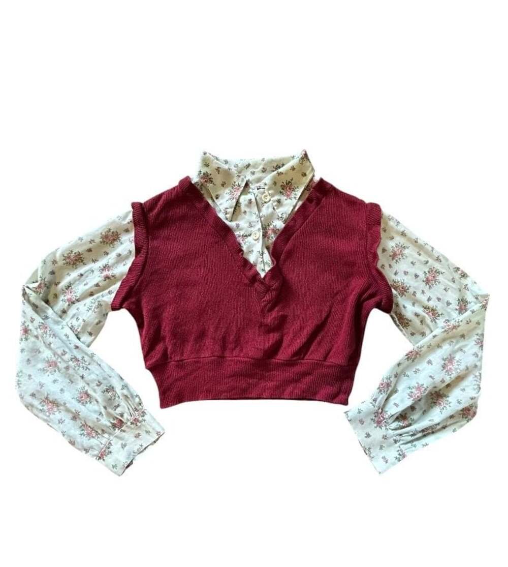 Vintage 1970’s Montgomery Ward Floral Blouse with Red Knit Vest Layered Top